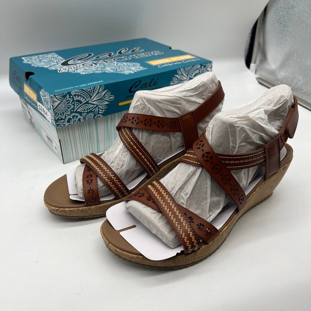 Skechers Beverlee Vegan Wedge Strappy Sandals Brown Size 10 - Picture 3 of 13
